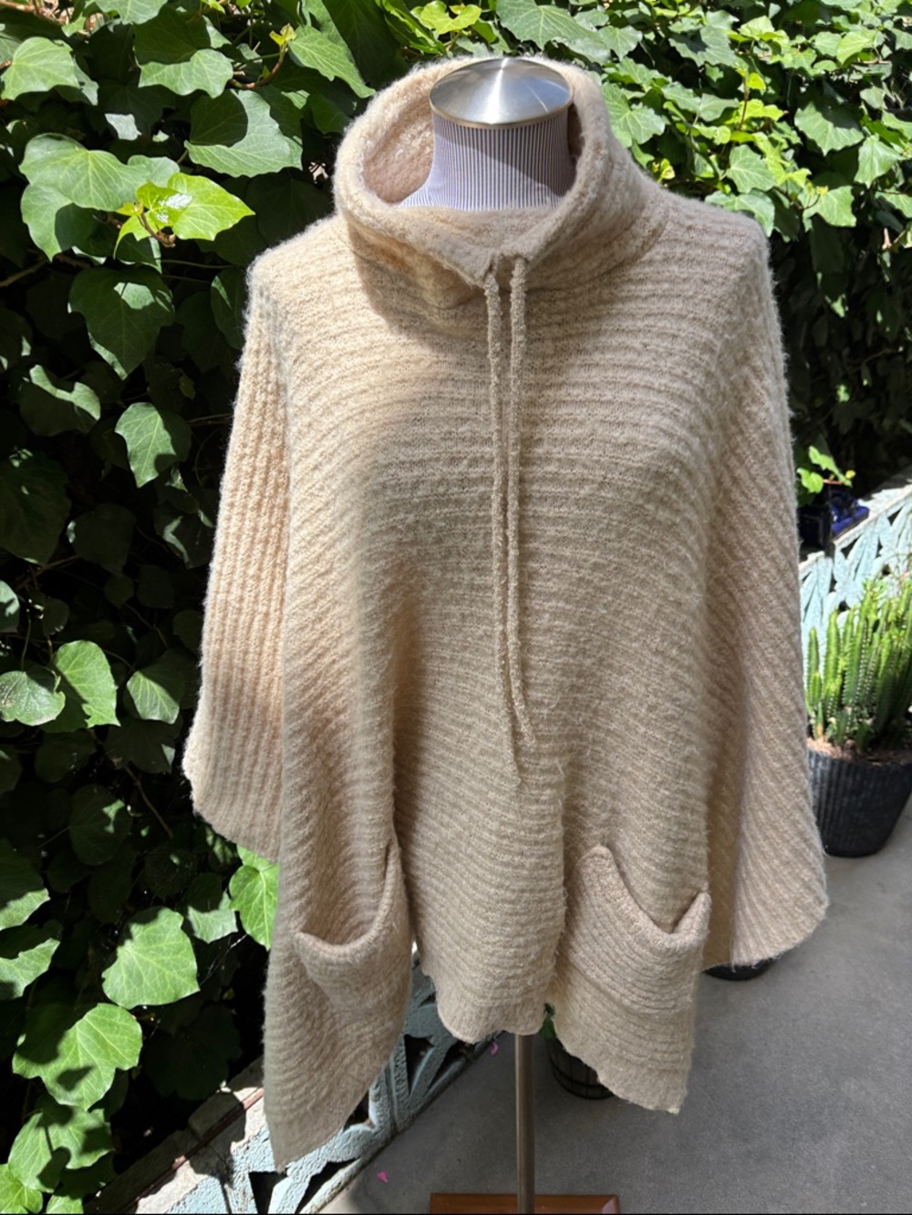 Melrose & Market Cozy Cream Knit Poncho Sweater with Funnel Neck